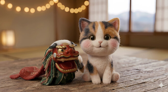 羊毛フェルト三毛猫と獅子