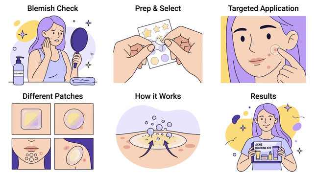 Flat vector illustration set of a female character managing facial acne using hydrocolloid pimple patches and absorbing pads during her daily dermatological skincare beauty routine concept.