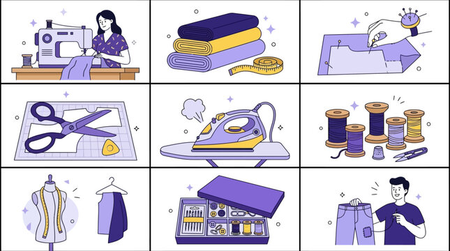 Comprehensive flat lay vector illustration of professional tailoring equipment including automatic sewing machine, electric iron, sharp scissors, colorful thread spools, and dressmaker tools.