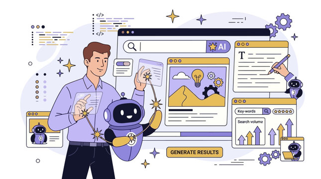 Vector illustration of a professional character utilizing advanced artificial intelligence generative tools for internet browsing and web searching, integrating with a robot for SEO optimization.