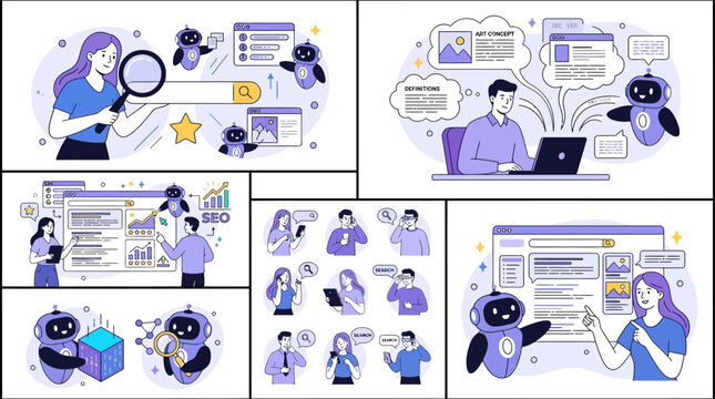 Digital Illustration of Character Set Utilizing Generative Artificial Intelligence Tools for Web Search Browsing Discovery and Search Engine Optimization SEO Marketing Concept Graphic