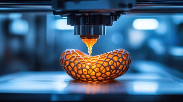 Close-up of a 3D printer nozzle extruding glowing orange material to form a honeycomb lattice bean-shaped object on a build plate, evoking futuristic precision and innovation