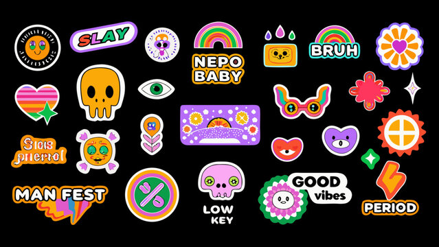 Collection of colorful sticker icons and badges with trendy slang and playful designs on black background high quality