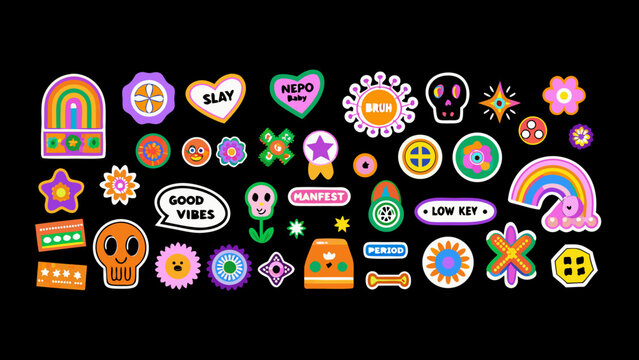 collection of colorful digital stickers and badges with playful designs on a black background high quality professional detailed