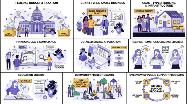 Flat vector illustration set of people receiving federal grant subsidy and financial support from government budget. Economic concept of public spending, taxation, and fiscal law distribution.