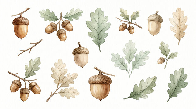 Watercolor oak acorns and autumn leaves set isolated on white background for seasonal fall nature design