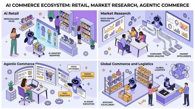 Isometric vector illustration of diverse people interacting with intelligent artificial shopping agents for digital retail market research and automated agentic commerce solutions.