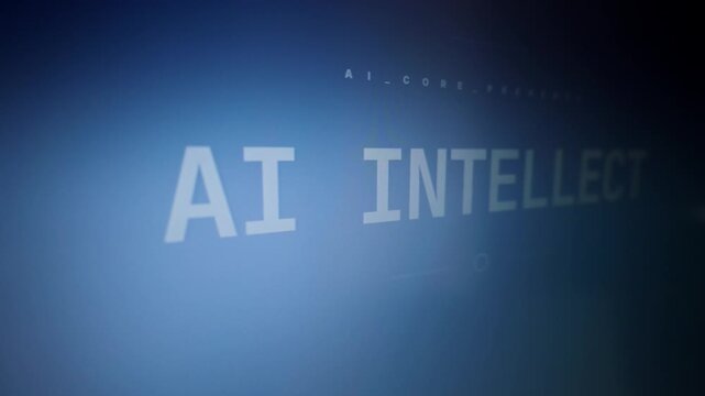 Bright white glowing text reading AI Intellect appears on a dark computer monitor screen. Concept of ubiquitous artificial intelligence penetrating our modern digital daily life.