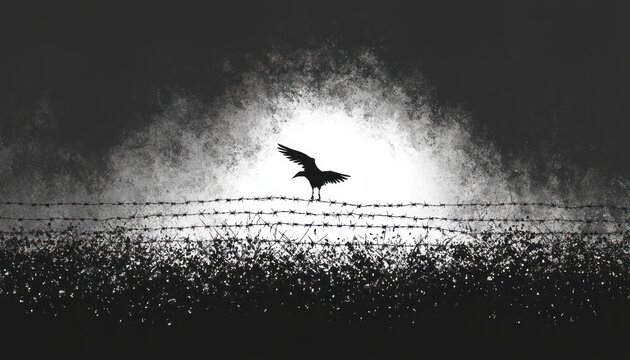 Solitary crow perched on barbed wire over dense scrub, wings outstretched against a glaring cloudy sky, evoking isolation and foreboding