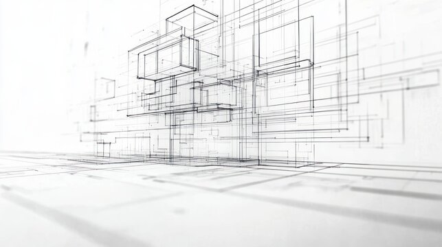 minimal white wireframe scene of floating cubic structures and intersecting perspective lines evoking a calm precise clinical mood