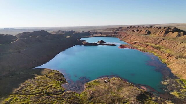 Drone view of a car parked on the shore of a bright blue lake among bauxite ore dumps and red refractory clay hills. Technogenic landscape near Arkalyk city, Kostanay region. Footage highlights the