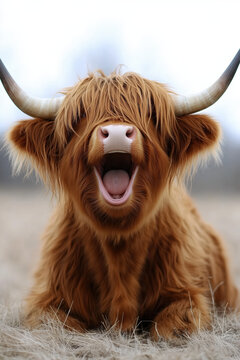 animal by ai, cow screaming, highland cow with wide open mouth showing teeth, bokeh background, portrait format, photorealistic
