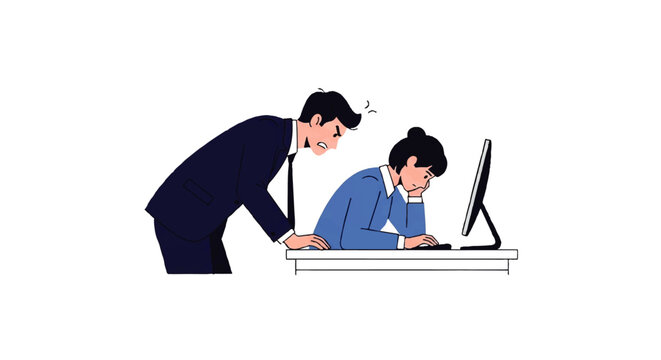 Vector flat design illustration of a stressed employee being pressured by an angry boss at a computer desk