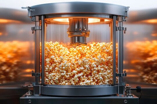 Glass-encased stainless steel popcorn machine with mechanical top filled with glowing golden popcorn under warm orange lights, inviting and freshly popped