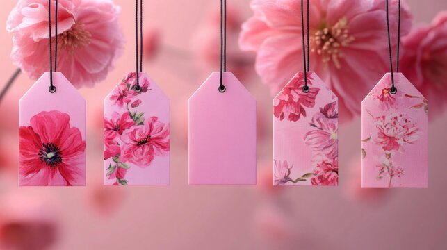 Five hanging pink gift tags with floral patterns on black strings against a soft-focus pink blossom background, evoking a gentle romantic and delicate mood