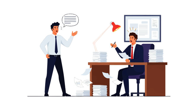 Vector flat design illustration of a stressed businessman overwhelmed by paperwork while his colleague argues