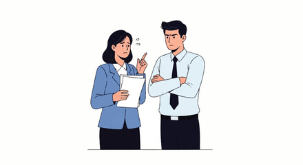 Fototapeta premium Vector flat design illustration of a serious businesswoman pointing at a clipboard to a confused businessman with arms