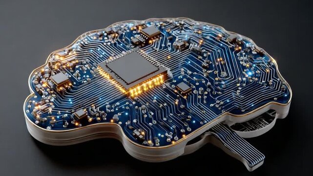 Digital Mind: An intricate circuit board, meticulously designed in the shape of a brain, glows with the essence of advanced technology and intellectual innovation.