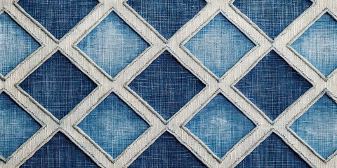 Fototapeta premium close-up of blue denim patchwork with white stitched diamond lattice, textured geometric fabric pattern conveying cozy, orderly handcrafted feel