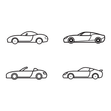 Four different sports car models in a line drawing style with a white background  various angles and designs