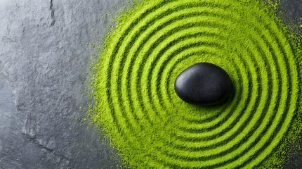 Lamas personalizadas con paisajes con tu foto Minimalist Zen Garden Concept Made of Green Matcha Powder with Black River Stone for Mindfulness and Wellness