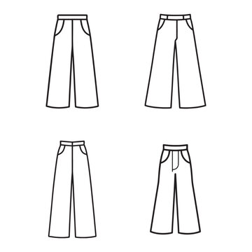 Four different styles of wideleg pants with various waistband and pocket designs in a simple line drawing  four wideleg pants variations with different waistbands and pockets
