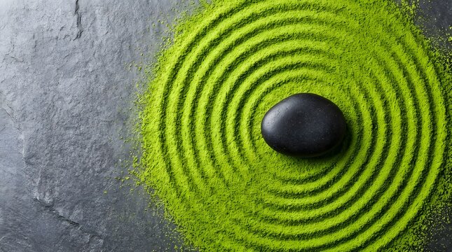 Minimalist Zen Garden Concept Made of Green Matcha Powder with Black River Stone for Mindfulness and Wellness