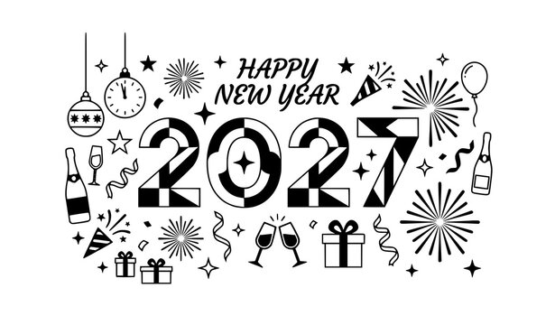 Happy New Year 2027 festive vector banner with midnight clock and celebration symbols