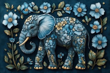 Obraz premium ornate blue elephant made of flowers and leaves surrounded by blooming blue blossoms, whimsical and serene decorative illustration