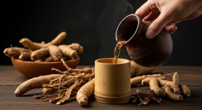 Hand pouring steaming herbal root tonic into a bamboo cup, surrounded by fresh roots