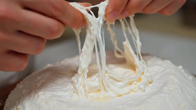 Hands stretching melted cheese ideal for restaurant branding and gastronomy vlogs