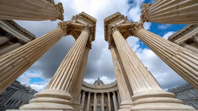Architectural Grandeur: A captivating low-angle perspective unveils imposing columns ascending towards the sky, against a backdrop of architectural elegance and a dramatic, cloud-filled canvas.