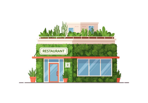 Green restaurant facade with plants.