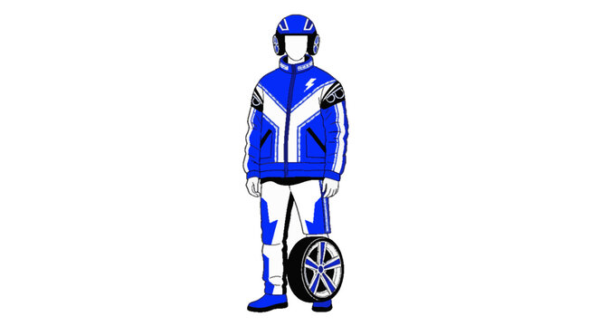 Futuristic blue electric scooter rider in protective gear, standing with one wheel, isolated on white background