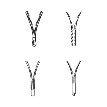 Four different zipper closure designs with various pull tab styles on white background  zippers are shown open and closed with metal and plastic pulls