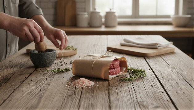 Fresh beef burger patties with raw ingredients on wood