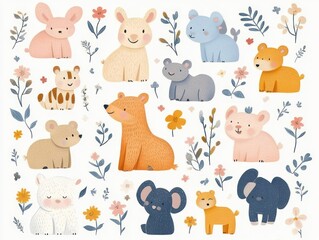 Fototapeta premium playful pastel woodland animals and smiling friends surrounded by delicate flowers and leaves, a cheerful whimsical illustration