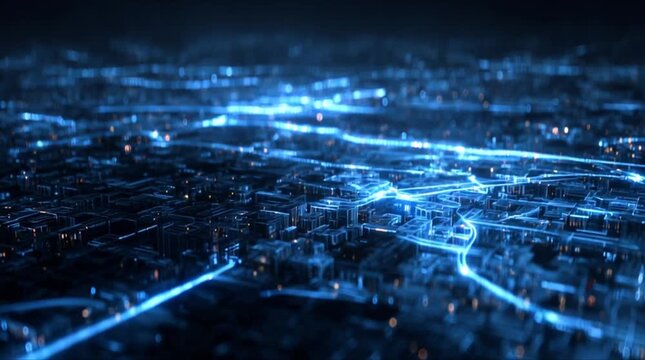 3D Cybernetic Smart City Infrastructure with Luminous Data Highways (AI Generated)