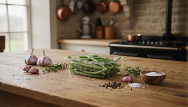 Fresh green beans with herbs on a rustic wooden table
