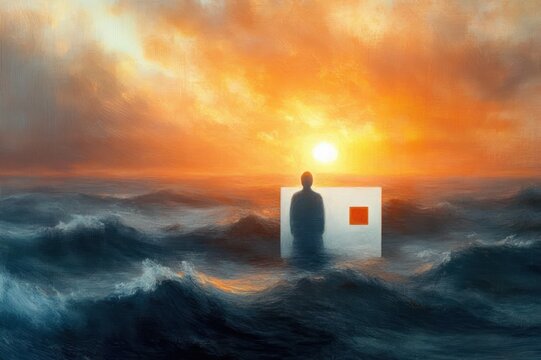 Solitary silhouette standing inside a white rectangular panel with a square cutout amid turbulent ocean waves at a glowing orange sunset, conveying contemplative solitude