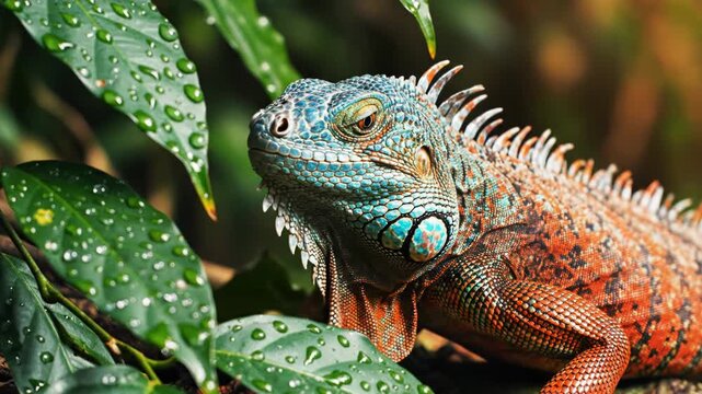 Close-up of a vibrant blue and red iguana with intricate scale patterns and dorsal spines, peering through green tropical leaves with water droplets in a lush rainforest environment.