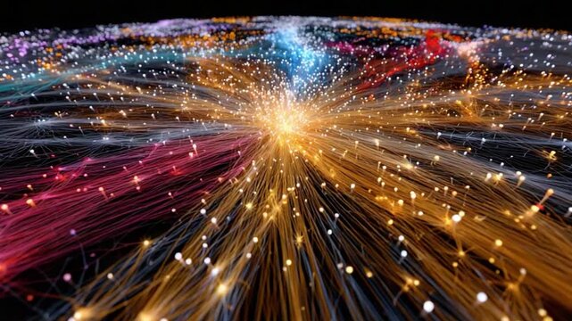 Network of Brilliant Information: A dynamic visual portrayal of an extensive network, where luminous lines converge towards a central point.