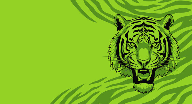 A vibrant green illustration of a tiger's face with a fierce expression on a striped background.