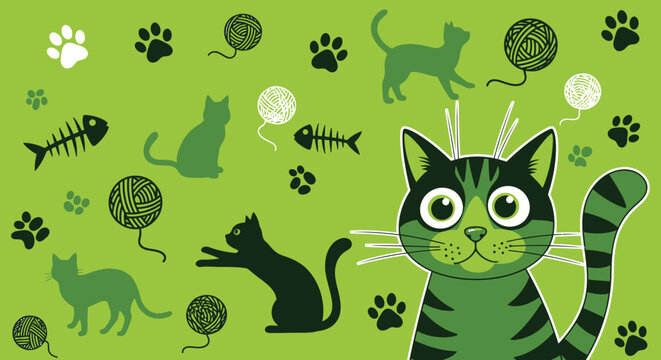 A playful cartoon cat surrounded by various cat toys and silhouettes on a green background.