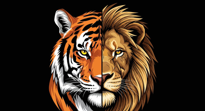 A split face illustration of a lion and a tiger looking forward on a black background