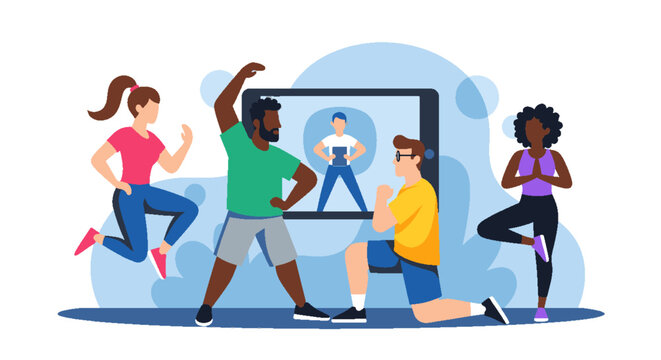 Diverse group of people exercising and following online fitness class on a large digital tablet screen