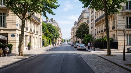 Naklejka premium Quiet Avenue Framed by Sunlit Facades With Flickering Pavement Creates Elegant Summer City Ambience Photography