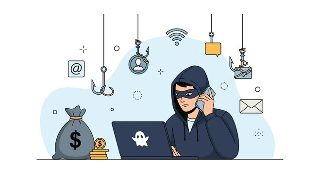Cybercriminal wearing a mask and hoodie uses a laptop and smartphone to commit digital theft and phishing scams at night.