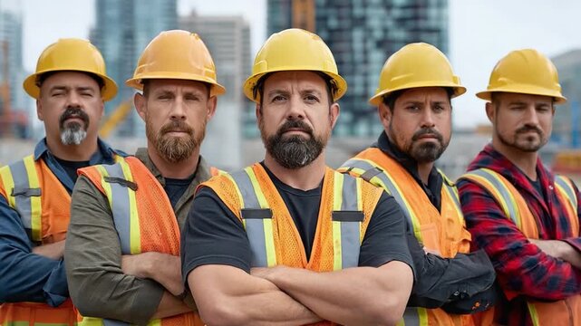 Construction Team's Confident Stance: A cohesive construction crew, clad in safety attire, embodies expertise and unity against the backdrop of an active worksite, ready to create.