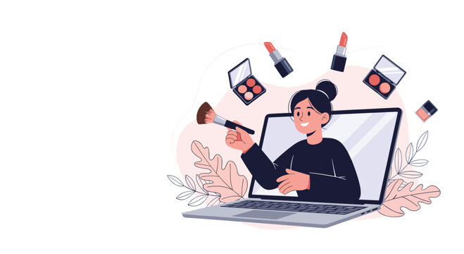 Online beauty influencer conducts a makeup tutorial via a laptop screen surrounded by various cosmetic products and tools.
